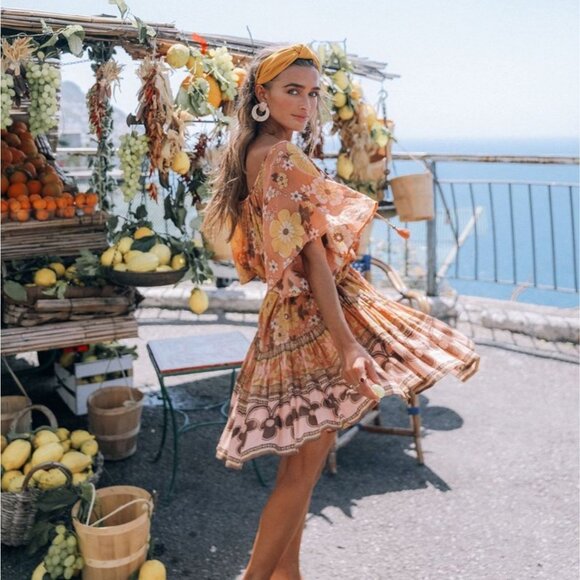 Spell & the Gypsy Collective Buttercup Mini Dress Sunrise Caramel Belted Small - Picture 4 of 16